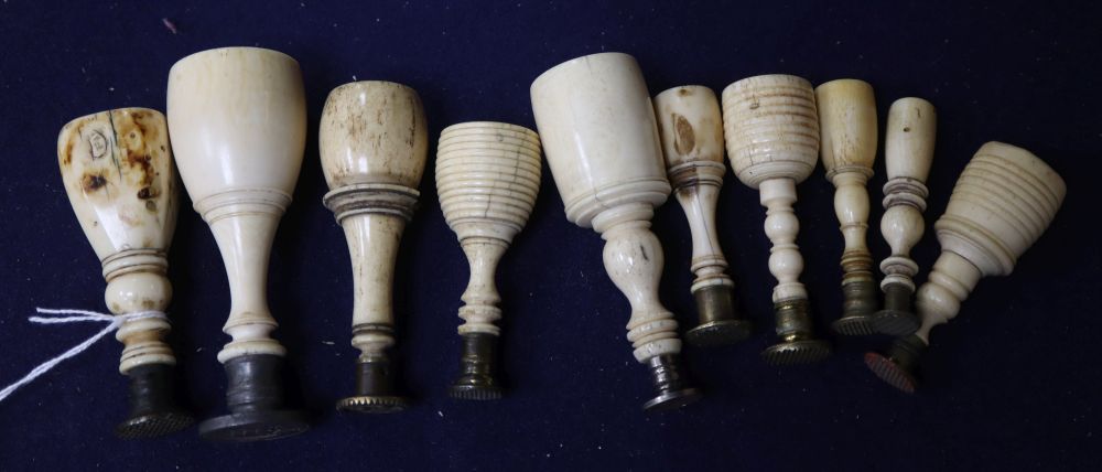 Ten 19th century ivory and bone handled desk seals